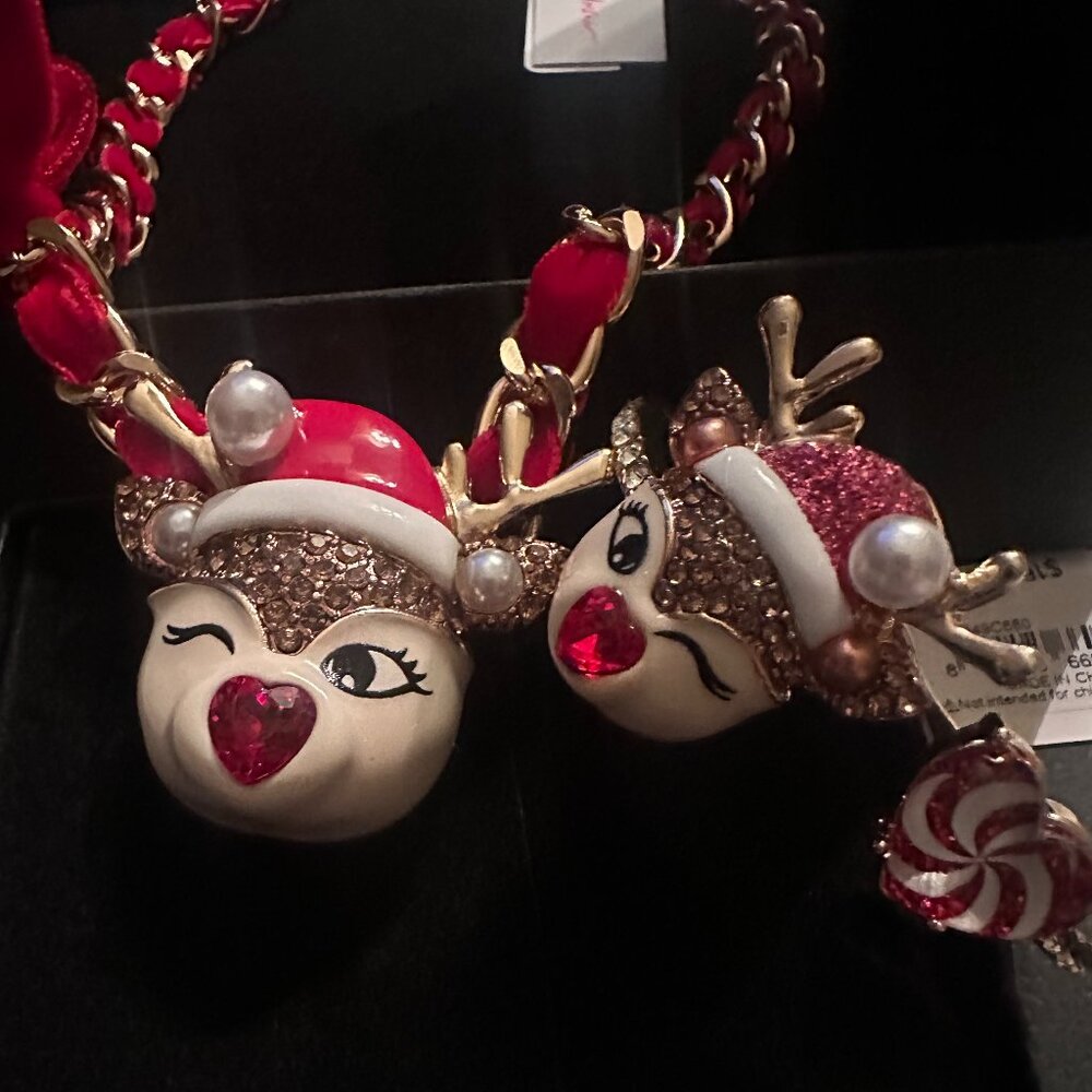 Betsey Johnson Red Nose Reindeer GoldTone Red Necklace and Bangle Bracelet Set